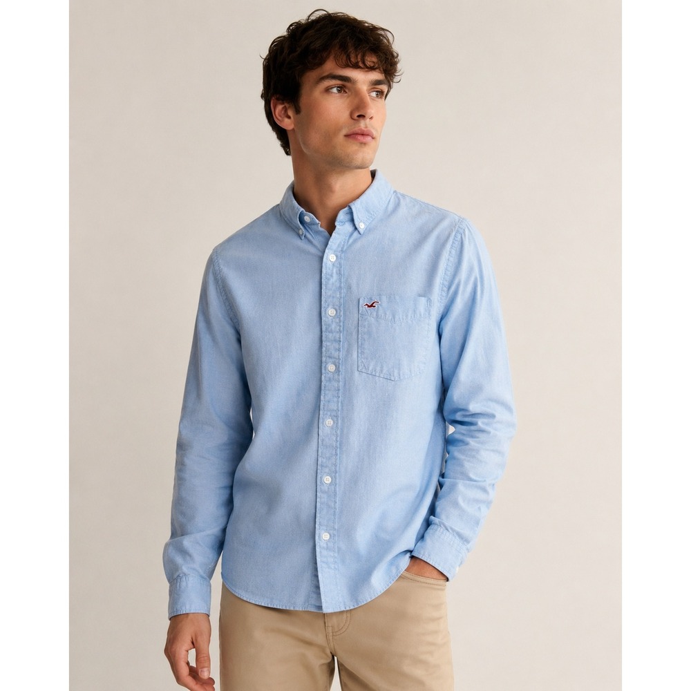 Hollister Mens XL Light Blue Oxford Button Down Shirt Long Sleeve Seagull Logo - Picture 9 of 9